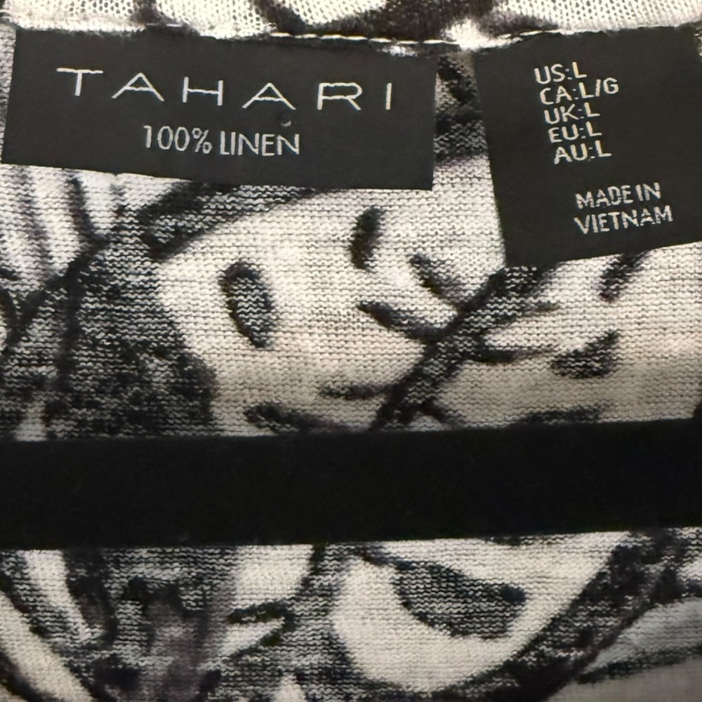 Tahari Women L Black White Tropical Leaf Print 100% Linen Knit Cap Sleeve Top - Picture 2 of 7